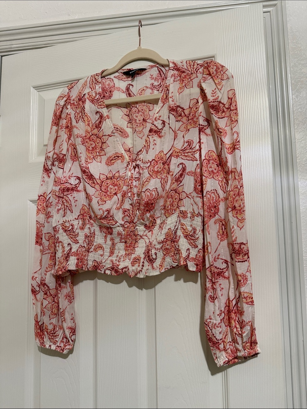 Express smocked  Tie-Front Floral Blouse - Red Floral